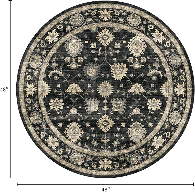 Washable Round Area Rug 4ft - Charcoal Black Traditional Floral Living Room Circle Rug 4x4 Non-Slip Farmhouse Carpet Soft Vintage Boho Round Rugs for Bedroom Bathroom Kitchen Entryway