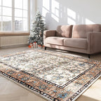4x6 Washable Area Rug – Ivory and Beige Vintage Carpet with Charcoal Border, Floral Scroll&Geometric Lattice Pattern, Boho Non-Slip Indoor Mat for Living Room, Bedroom, Dining Room, Entryway