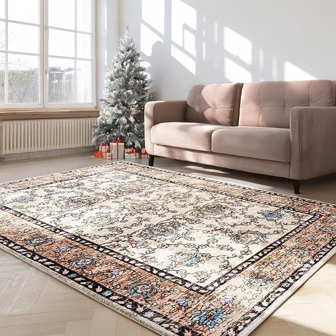 Area Rug for Living Room, 6x9 Machine Washable Non Slip Large Faux Wool Throw Rug, 0.3″ Low Pile & Non-Shedding Boho Large Carpet Rugs for for Dining Room, Bedroom, Office (Khaki)