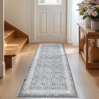 jinchan Runner Rug 2x6 - Machine Washable Grey Vintage Floral Distressed Design Soft Non-Slip Low-Pile Ultra-Thin Runner Rug for Kitchen Hallway Laundry Room Entryway Farmhouse (2‘x6', Grey)