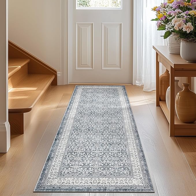 jinchan Runner Rug 2x6 - Machine Washable Grey Vintage Floral Distressed Design Soft Non-Slip Low-Pile Ultra-Thin Runner Rug for Kitchen Hallway Laundry Room Entryway Farmhouse (2‘x6', Grey)
