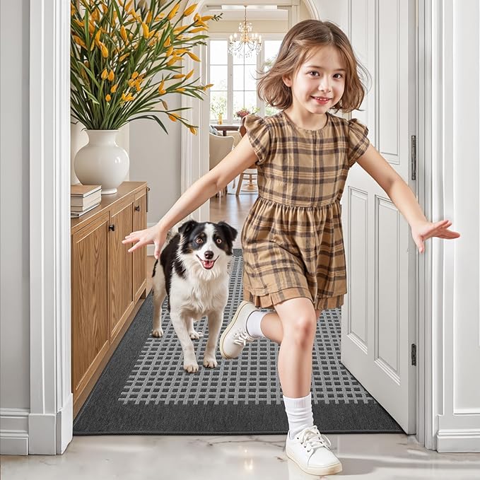 LUMI Inside Door Mat for Entry 24''x36'', Absorbent, Dirt Trapper, Low Profile Thin, Non Slip Mats with Rubber Backing, Ideal for Indoor, High Traffic, Garage, Entrance, Checkered Grey