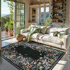 Lahome Boho Floral Black Washable 5x7 Area Rugs for Living Room, Non Slip Rugs for Bedroom, Indoor Throw Dining Room Carpet for Under Table Entryway Kitchen Office(Black,5x7)