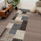 Modern Geometric Patchwork Indoor Runner Rug for Living Room, Blue-Taupe 2.7'x 8' Rug Rockwood Collection Hardwood Floors Decor for Bedroom, Blue Throw Carpet for Office Entryway Dining Room