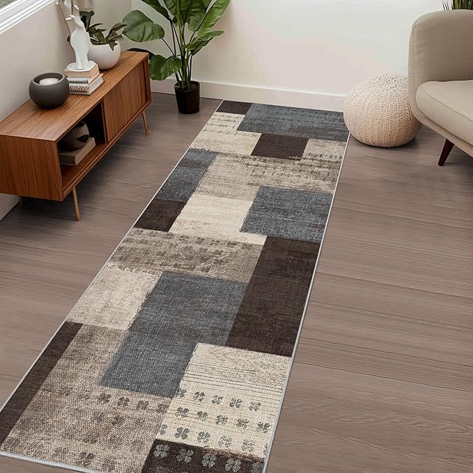 Modern Geometric Patchwork Indoor Runner Rug for Living Room, Blue-Taupe 2.7'x 10' Rug Rockwood Collection Hardwood Floors Decor for Bedroom, Blue Throw Carpet for Office Entryway Dining Room