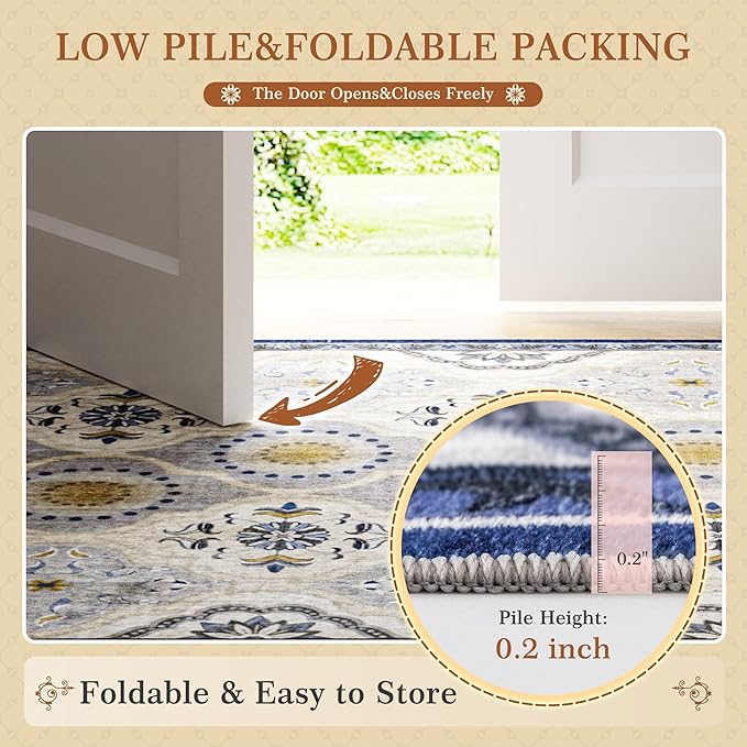 EnHomee Area Rugs 5x7, Soft Washable Rugs for Living Room Bedroom, Boho Non Slip Low Pile Stain Resistant Washable Rug Large Carpet for Dining Room,Easy to Clean Living Room Rug, Blue