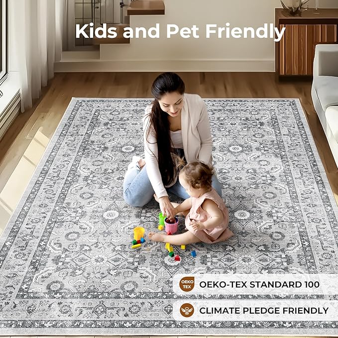 WITSHOCK Living Room Area Rugs 9x12: Soft Non-Slip Backing Washable Rugs Vintage Large Carpet for Bedroom Office Dining Room Kitchen Stain Resistant Home Decor Rug