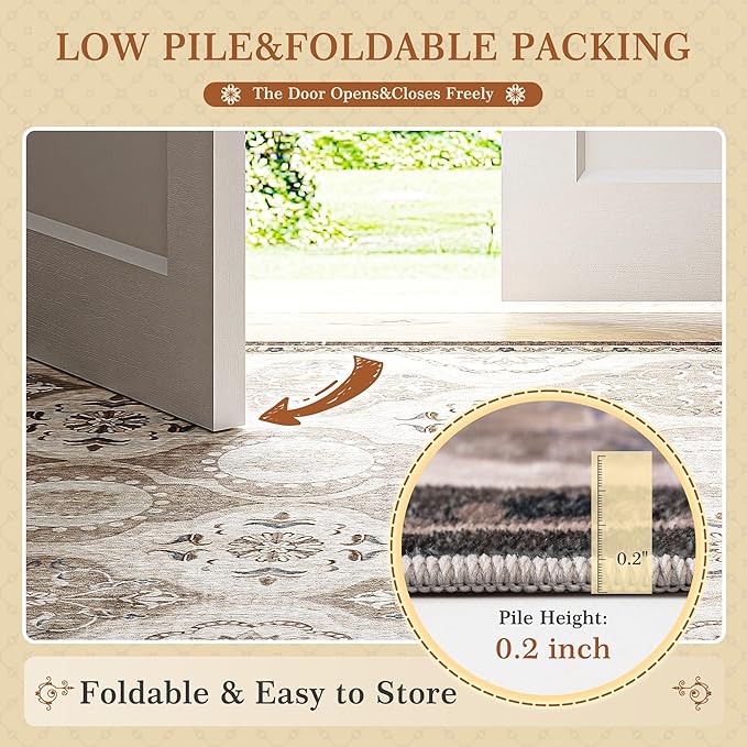 EnHomee Area Rugs 5x7, Soft Washable Rugs for Living Room Bedroom, Boho Non Slip Low Pile Stain Resistant Washable Rug Large Carpet for Dining Room,Easy to Clean Living Room Rug, Khaki