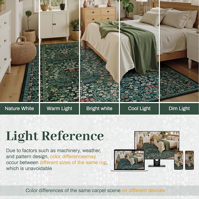 5x7 Area Rugs Living Room Rug - Floral Vintage Morris-Inspired Washable Carpet, Low Pile Non-Shedding Stain Resistance Boho Soft Carpet for Bedroom, Dining Room, Office, Farmhouse (5'x7' Dark Green)