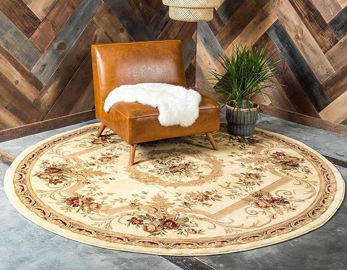 Unique Loom Versailles Collection Traditional Classic Floral Motif Area Rug (8' 0 x 8' 0 Round, Ivory/ Tan)