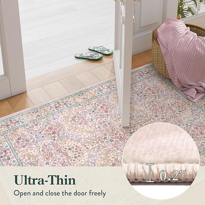 Lahome Floral Entryway Rug, 2x3 Kitchen Rugs Non Slip Washable Boho Pink Forest Design, Soft Door Mat Indoor Entrance, Ultra-Thin Easy Clean Small Throw Carpet for Bedroom Bathroom, Pink