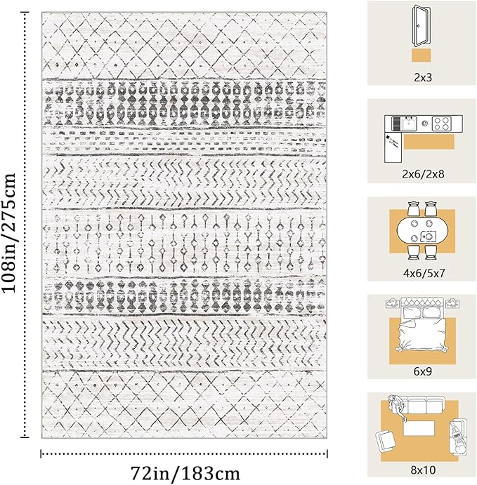6x9 Machine Washable Area Rug for Living Room, Grey White Vintage Moroccan Rug Large Non-Slip Low Pile Soft Faux Wool Carpet, Kids and Pets Friendly for Bedroom Dining Room Farmhouse Home Decor Rug