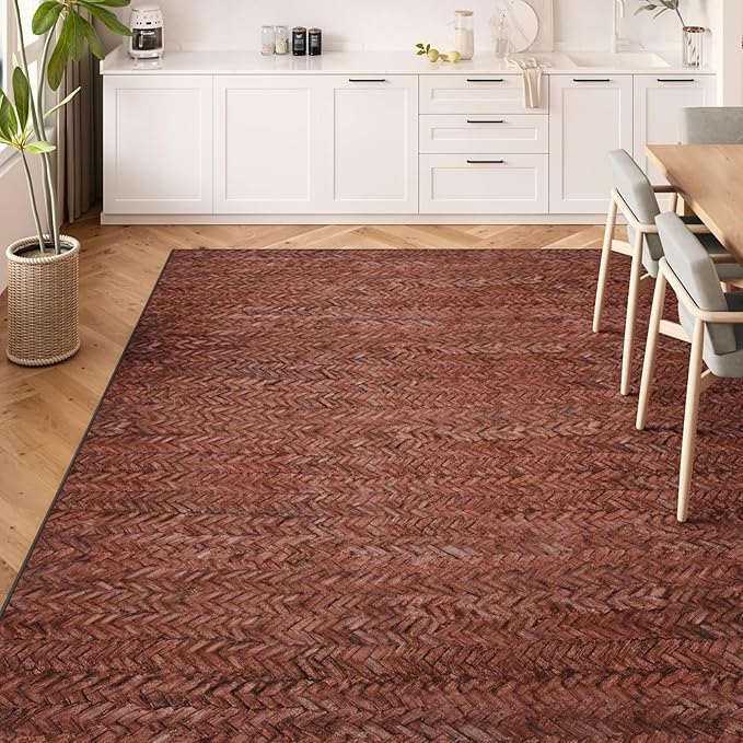 Eleisa Modern Vintage 10x14 Herringbone Chevron Area Rug, Non-Slip Stain Resistant Washable Rug, Wine & Red Large Rug for Living Room, Farmhouse Carpet for Bedroom, Kitchen, Dining Room, Home Office