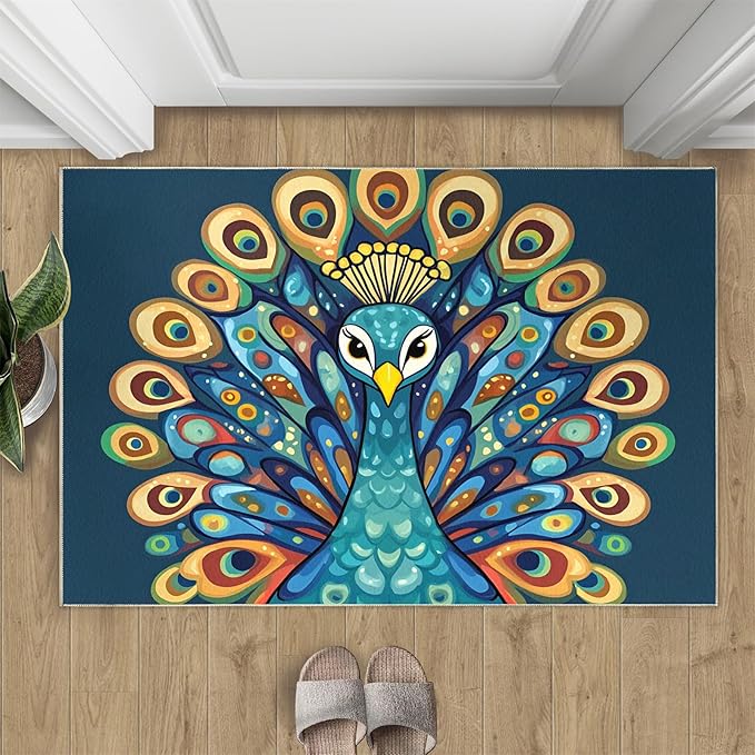 Boho Peacock Rugs for Living Room - 5x6 Rug, Peacock Decor Area Rugs for Bedroom, Teal Turquoise Rug, Modern Style Washable Carpet, Aesthetics Carpet - Peafowl Home Decor & Gifts