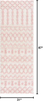 Hauteloom Tilos Moroccan Farmhouse Hallway, Entryway Shag Runner Rug - Shaggy Long Runner Rug - Trellis Pattern - High Plush Pile - Cream, Pink, Beige - 2'7" x 7'3"