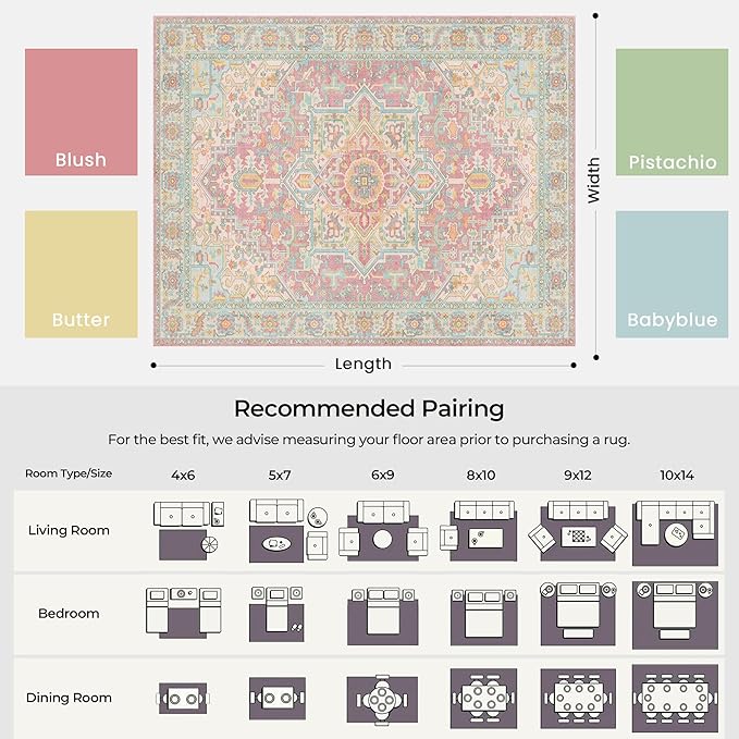 Kokia 9x12 Washable Area Rugs Blossom Pink with Vintage Orient Design, Soft Rug for Living Room or Bedroom, Non-Slip Low Pile Stain Resistance Features, Distressed Medallion Pattern