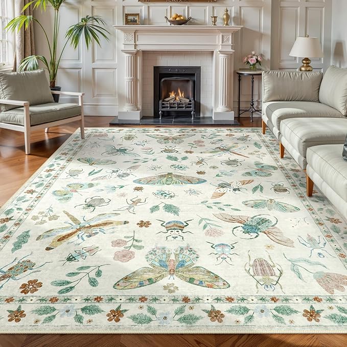 Lahome Insect Print 8x10 Area Rugs, Soft Washable Rugs 8x10 Living Room Rugs for Bedroom Dining Room, Ultra-Thin Modern Rug Stain Resistant Large Accent Carpet for Office Kids Nursery (8'x10',Beige)
