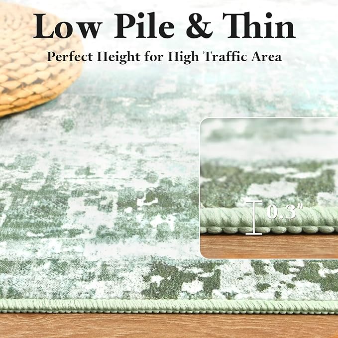 Washable Abstract Rug, 3x5 Modern Area Rugs with Non-Slip Rubber Backed for Bedroom, Thin but Soft Contemporary Carpet Kitchen Living Room Decor, Green
