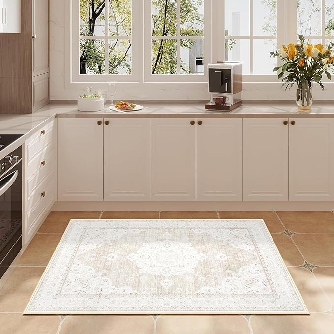 Area Rug 2x3 Entryway Rugs - Machine Washable Vintage Boho Area Rug Non-Slip Kitchen Rugs Soft Stain Resistant Indoor Door Mat, Small Oriental Throw Rug for Entrance Hallway Bedroom(Boho Beige, 2'x3')