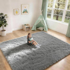 8x10 Solid Fluffy Grey Area Rug – Washable, Durable, Extra Large Living Room Rug, Non-Slip High Pile Shag Rugs for Bedroom, Playroom, Nursery Rooms, Kids Room, Soft Indoor Floor Carpet Decor
