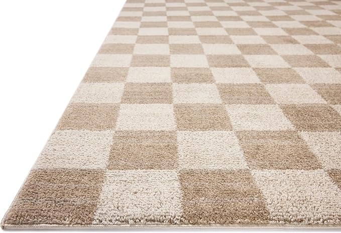 Loloi Chris Loves Julia Calvin Collection CLV-01 Pebble/Ivory 7'-10" x 7'-10" Round Area Rug Checkered Neutral Soft Living Room Bedroom Carpet