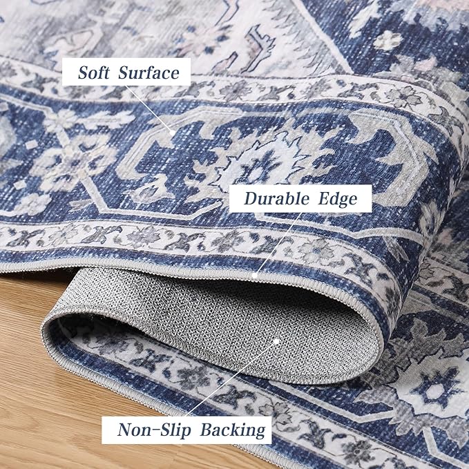 DUKINO 9x12 Rugs for Living Room, Soft Non-Slip Washable Area Rugs, Faux Wool Bedroom Rug with Non-Shedding, Indoor Low-Pile Boho Rugs for Dining Room, Home Office, Blue