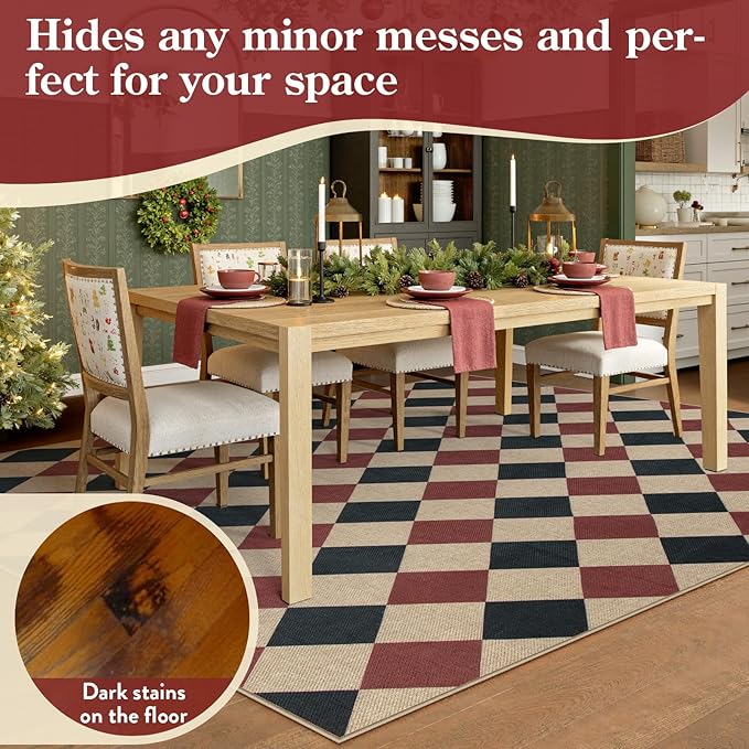 Lahome Checkered 5x7 Rug, Indoor Outdoor Rug Non Shedding Black and Red Washable Carpet, Checkerboard Non Slip Stain Resistant Indoor Carpet for Patio Office Living Dining Room