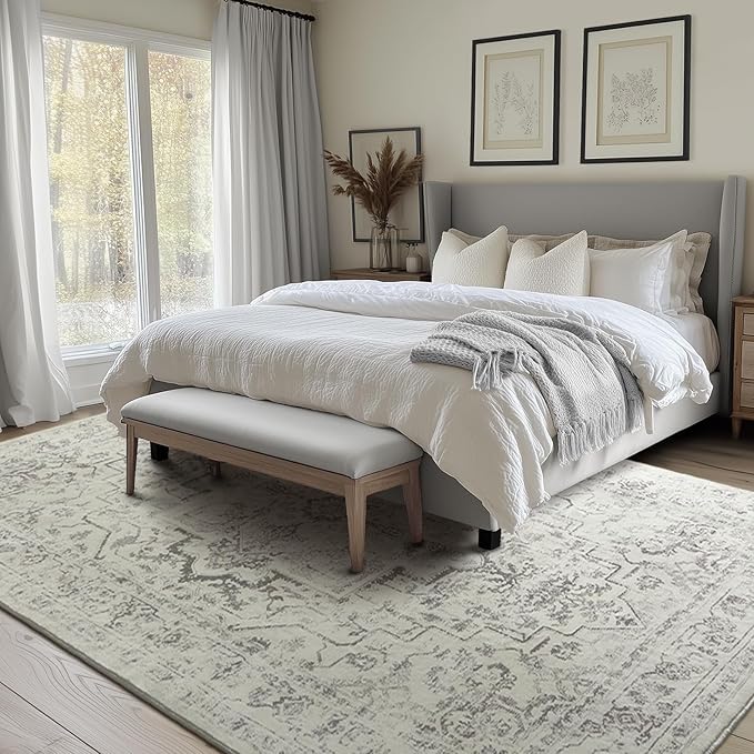 Large Farmhouse Area Rugs 9x12 for Living Room, Distressed Medallion Printed Big Carpet Rugs for Bedroom Under Bed, Washable Non Slip Low Pile Thin Rugs for Dining Room, Off White/Grey
