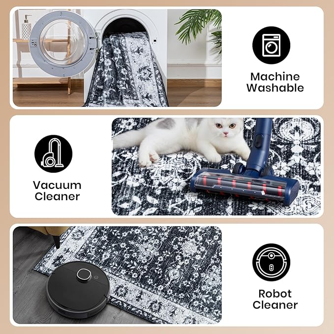 4x6 Washable Area Rug – Black and Ivory Vintage Carpet with Charcoal Border, Floral Scroll and Geometric Pattern, Boho Non-Slip Indoor Rug for Living Room, Bedroom, Dining Room, Entryway