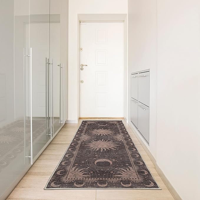 Ambesonne Sun and Moon Decorative Rug, Bohemian Artwork Design of Crescent Solar Ornament Esoteric Stars Ornaments, Quality Carpet for Bedroom Dorm and Living Room, 2' 5" x 7' 5", Warm Taupe