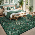 Washable Farmhouse Green 9x12 Rug for Living Room - Boho Floral Art Deco Area Rug for Bedroom, Dining Room Under Kitchen Table, Large Distressed Low Pile Non Slip Carpet - Soft Botanical Mat