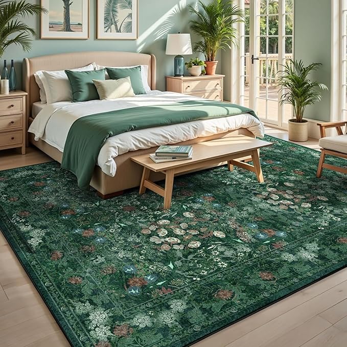 Washable Farmhouse Green 9x12 Rug for Living Room - Boho Floral Art Deco Area Rug for Bedroom, Dining Room Under Kitchen Table, Large Distressed Low Pile Non Slip Carpet - Soft Botanical Mat