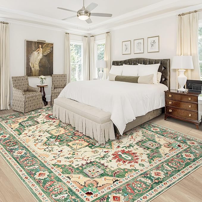 Area Rug 9x12 Washable Rug, Vintage Boho Medallion Rugs Non-Slip Soft Low Pile Large Distressed Rug Indoor Retro Carpet for Living Room Bedroom Dining Room Home Office (Green Beige, 9'x12')