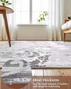 Washable Abstract Rug, 5x7 Classic Grey and White Floral Area Rugs with Non-Slip Rubber Backed for Bedroom, Low Pile Modern Throw Carpet Kitchen Living Room Decor