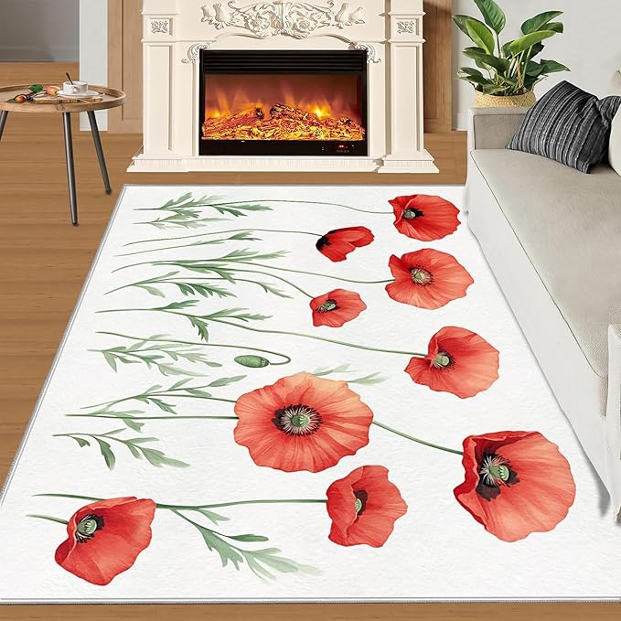 Little Red Flower Rugs for Bedroom - 5x7 Area Rug - Abstract 3D Flowers Rugs for Living Room, Modern Simple Art Rug, Non-Slip Washable Home Decor Carpet