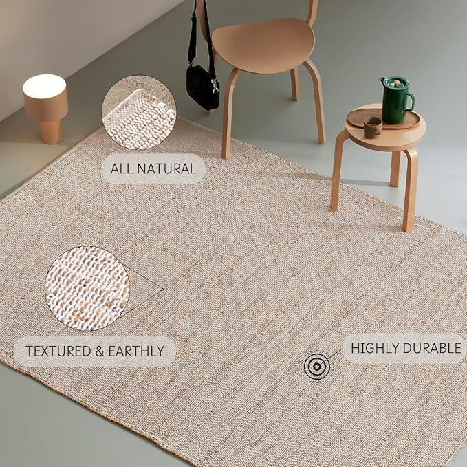 Hand Woven Jute Cotton Area Rug 5'x8' ft Rectangle Natural Farmhouse Rug for Living Room, Bedroom Kitchen - Rustic Vintage Bohemian Eco-Friendly Carpet Home Décor 60"x96" Natural