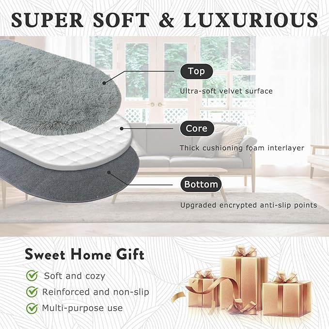 Soft Fluffy Area Rug for Bedroom, Grey Fuzzy Shaggy Oval Throw Rugs for Bedside, Non-Slip Cozy Plush Shag Carpet for Kids Room Nursery Dorm Living Room, 2.6 x 5.3 Feet