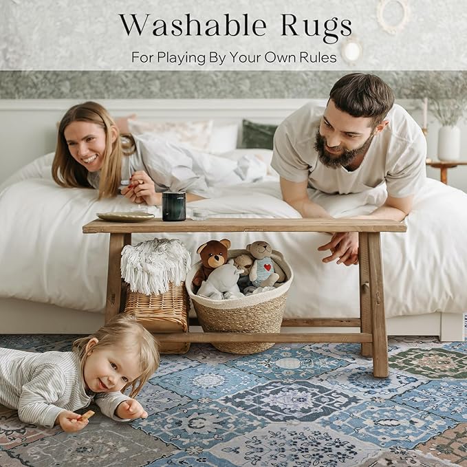 Phantoscope Washable Area Rug 6'x9' Non-Slip, Vintage Boho Rugs for Living Room, Bedroom, Dining Room, Distressed Moroccan Mosaic Diamond Pattern, Low-Pile Foldable Floor Carpet, Blue Teal/Neutral