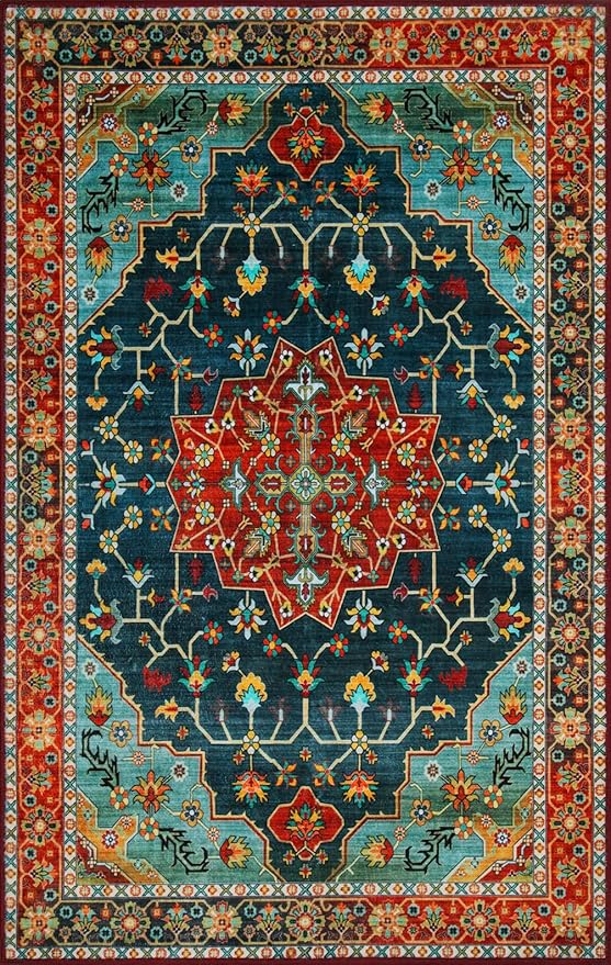 WILLSUN Washable Area Rugs, 3x5 Non-Slip Boho Large Area Rugs for Living Room, Bedroom, Machine Washable Vintage Rug, Indoor Floral Print Carpet for Home Decor, Kid & Pet Friendly Mat
