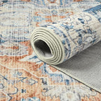 Area Rugs 4x6, Low Pile Washable Rugs, Soft Vintage Distressed Rugs for Bedroom, Living Room, Dining Room, Water Repellent, Non Shedding, Blue and Orange