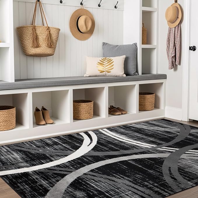 Rugshop Modern Wavy Circles Design Area Rug, Fade-Resistant Carpet for Living Room, Bedroom, or Dining Room, Black, 6'6" x 9'