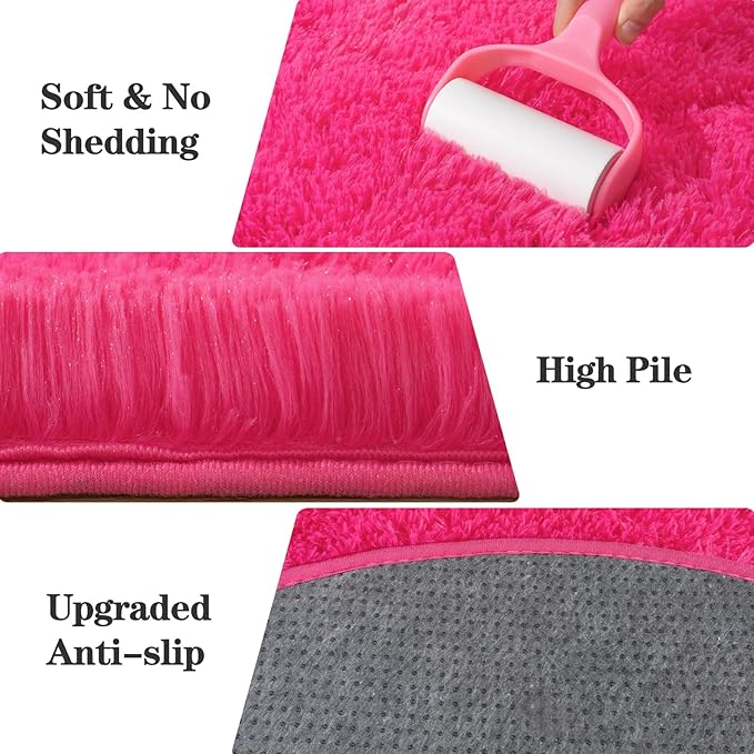 Soft Fluffy Area Rug for Bedroom, Hot Pink Fuzzy Shaggy Oval Throw Rugs for Bedside, Non-Slip Cozy Plush Shag Carpet for Girls Kids Room Nursery Dorm Living Room, 2.6 x 5.3 Feet