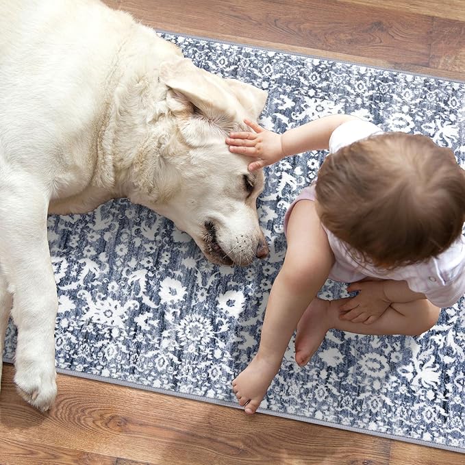Runner Rug 2.6x18, Light Blue White Washable Long Hallway Rug Runner Non-Slip Soft Kitchen Runner Thin Printed Faux Wool Super Soft Carpet for Entryway Bedroom Laundry Room Indoor Home Decor