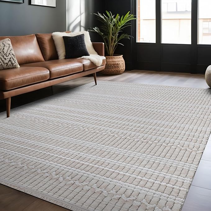 Modern Indoor Rug Stripe 8x10 Area Rugs for Living Room Luxury Kitchen Bedroom Durable Soft Geometric Durable Low and High Pile Stain Resistant Non Shedding Area Carpet 8x10