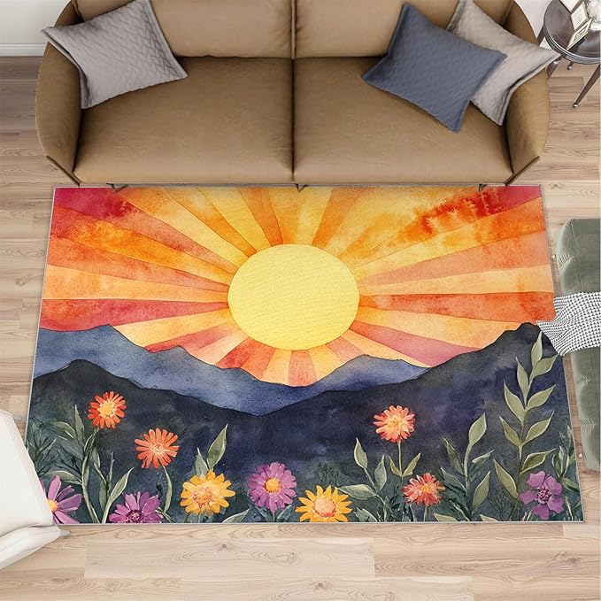 Boho Sun Area Rugs 4x6ft, Radiant Sunburst Carpet for Bedroom, Geometric Solar Rug for Living Room Easy to Clean for Indoor Outdoor Hardwood Floors Home Decor