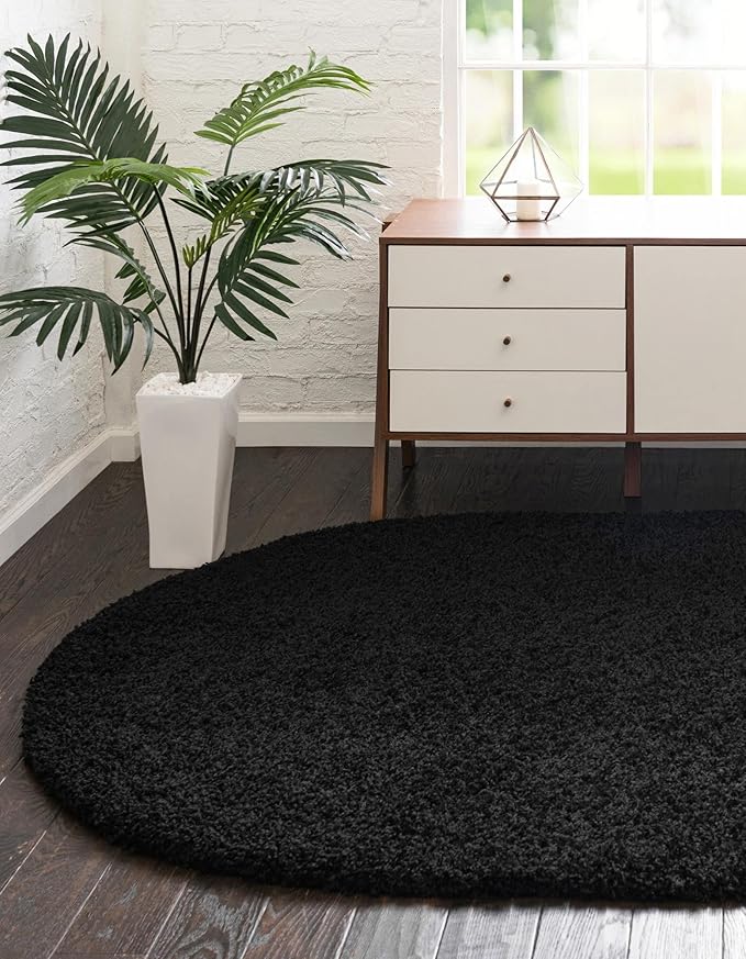 Unique Loom Solid Shag Collection Area Rug (7' 10" x 10' Oval, Jet Black)