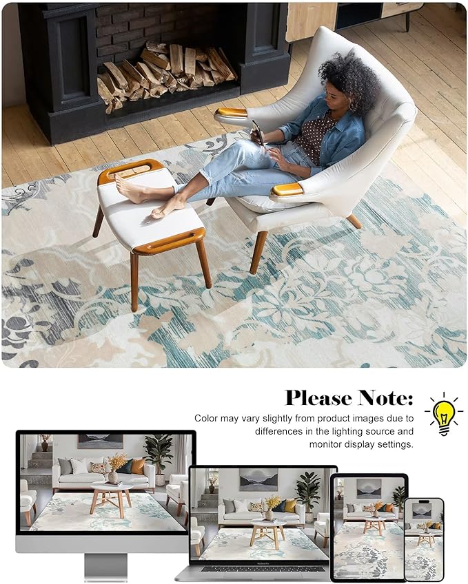 Washable Abstract Rug, 9x12 Ivory and Aqua Floral Area Rugs with Non-Slip Rubber Backed for Living Room, Low Pile Modern Throw Carpet Bedroom Dining Room Decor