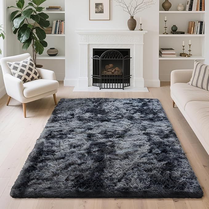 4x6 Area Rugs for Living Room Bedroom, Soft Fluffy Shaggy Bedside Rug, Indoor Floor Carpet for Kids Playroom, Dorms, Nursery Rooms, Home Decor (Tie-Dyed Dark Grey 4'x6')