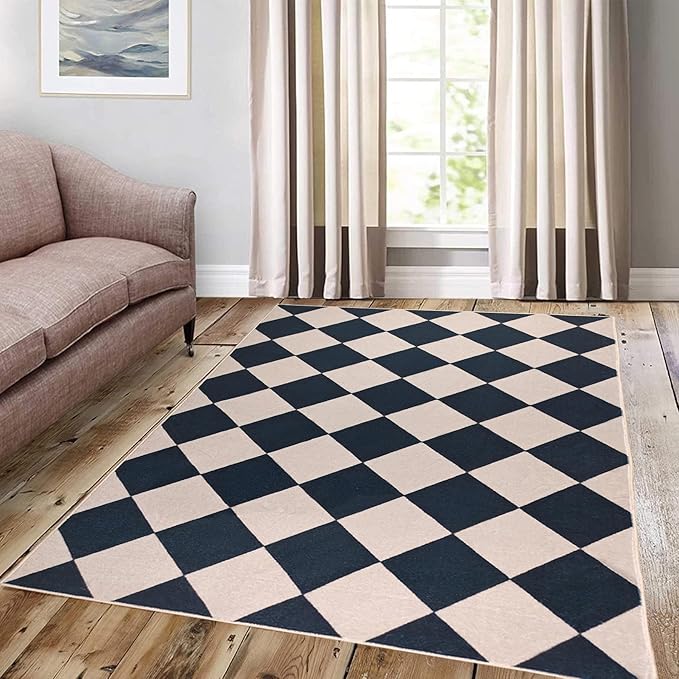 Black Checkered Rug 3x5 Indoor Washable Non-Slip Rug Modern Diamond Soft Low Pile Kitchen Rugs,Neutral Farmhouse Throw Carpet for Nursery Bathroom Room Dorm