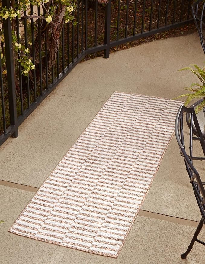 Unique Loom Outdoor Striped Collection Area Rug - Striped (2' 7" x 10' Runner Taupe/Ivory)
